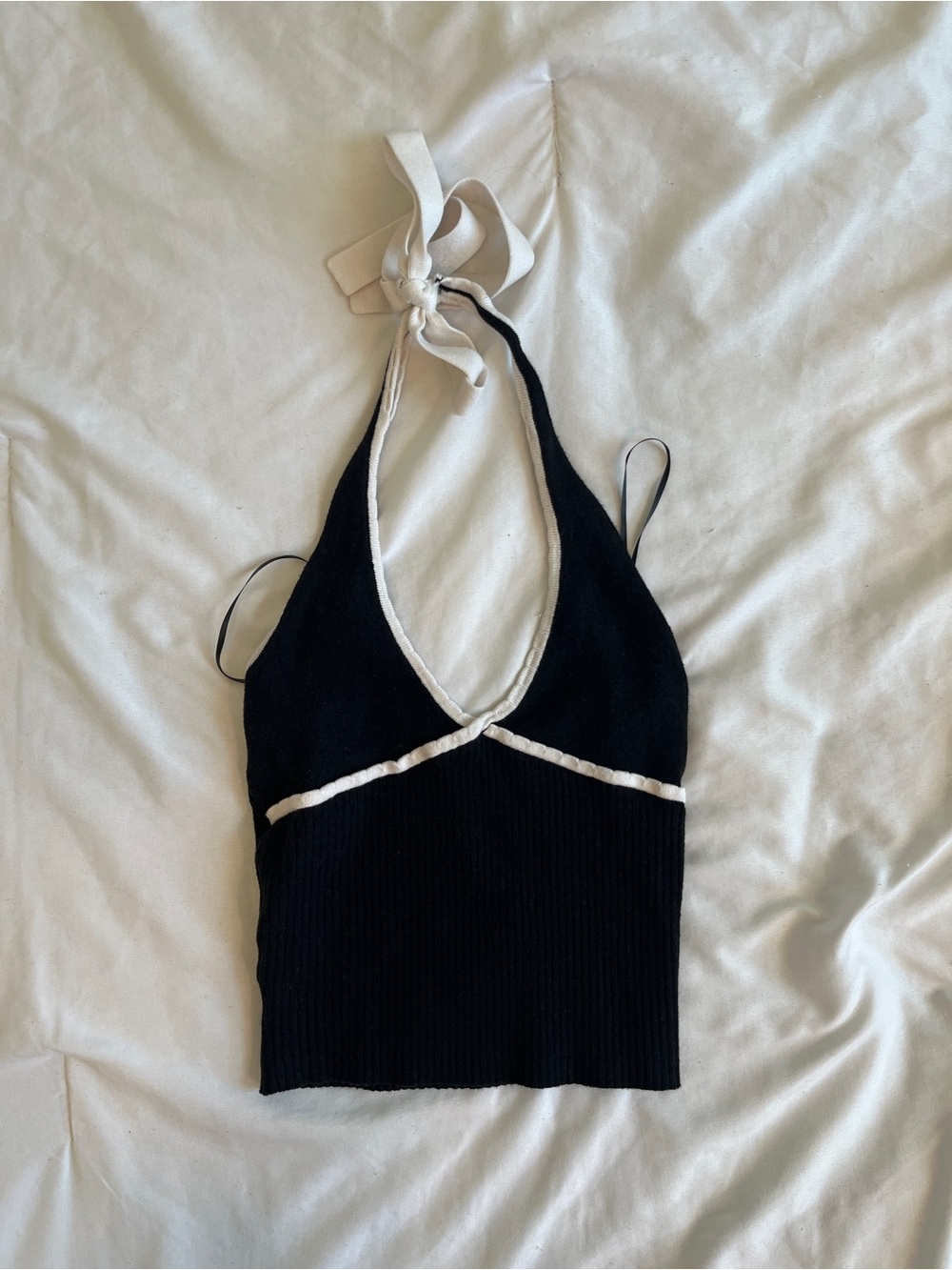 Kimchi Blue Black Halter Ribbed Knit Tank with White Trim